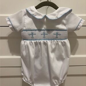 Classic Whimsy White Romper with Blue Trim